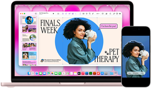 Na ekranie laptopa widoczna jest grafika z napisem \'FINALS WEEK\' oraz \'PET THERAPY\'. Obok laptopa znajduje się smartfon z tym samym obrazem na ekranie.