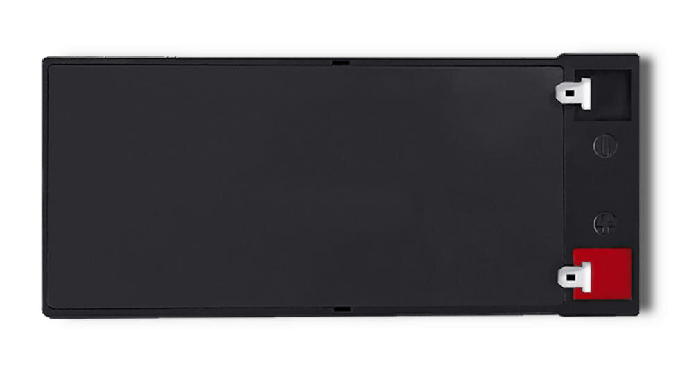 Czarny prostokątny akumulator z dwoma złączami na jednym końcu, jedno z nich jest oznaczone czerwonym kolorem.