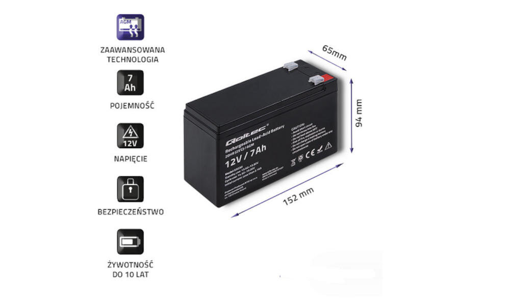 Na obrazie widoczny jest czarny akumulator z oznaczeniami \'Qoltec\' oraz \'12V / 7Ah\'. Obok akumulatora znajdują się ikony i teksty informujące o pojemności 7 Ah, napięciu 12V, bezpieczeństwie oraz żywotności do 10 lat.