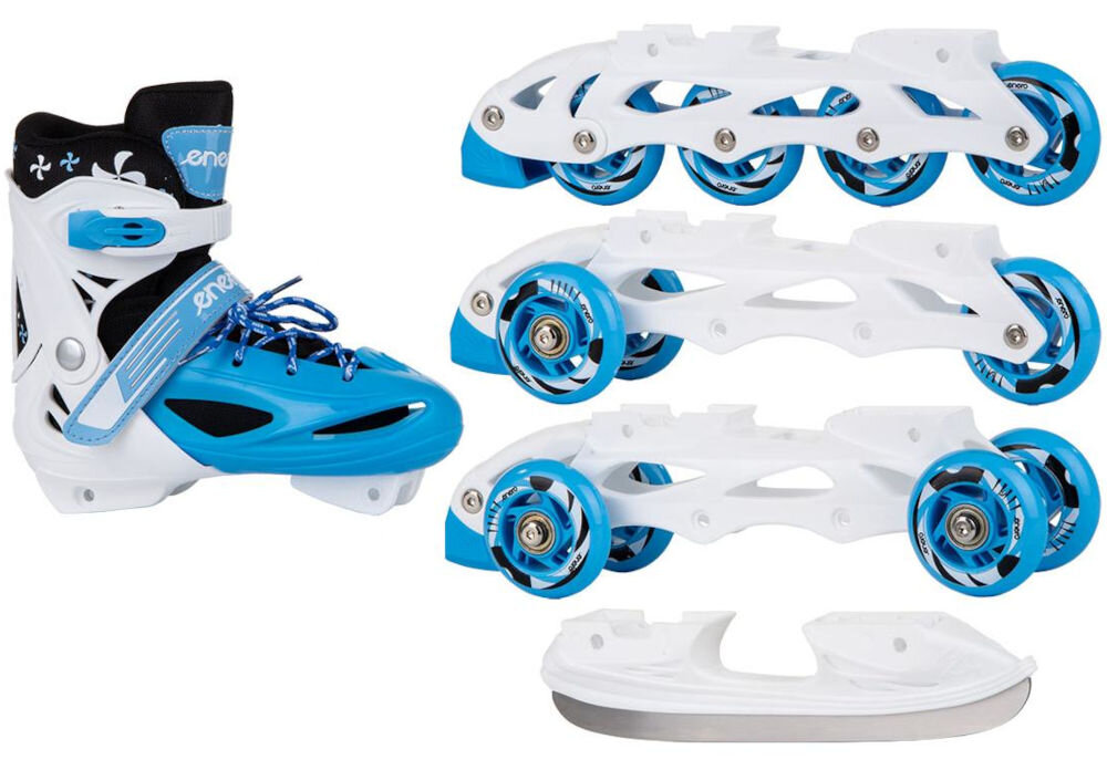 Na obrazie widoczne są łyżworolki w kolorze niebiesko-białym z wymiennymi elementami: kółkami i płozą. Na bucie widnieje napis \'enero\'.