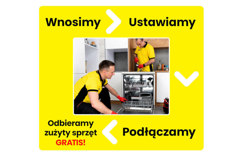 Na żółtym tle znajduje się zdjęcie dwóch osób instalujących zmywarkę w kuchni. Tekst na obrazie: \'Wnosimy\', \'Ustawiamy\', \'Podłączamy\', \'Odbieramy zużyty sprzęt GRATIS!\'.
