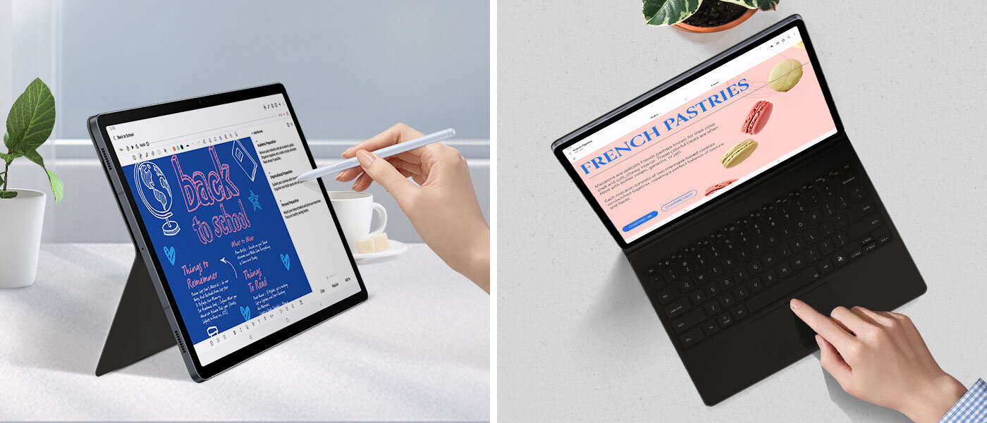 Osoba wskazuje rysikiem S Pen na Galaxy Tab S10 wyświetlającą używaną aplikację Note Assist, podpartą poziomo za pomocą etui Book Cover Keyboard. Widok z góry osoby używającej pada na etui Book Cover Keyboard do nawigacji po aplikacji Note Assist na Galaxy Tab S10.