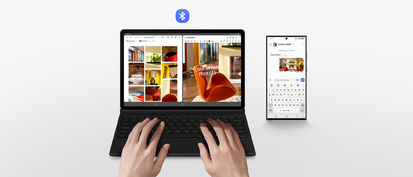 Osoba korzysta z Galaxy Tab S10 z etui Book Cover Keyboard. Ekran podzielony jest na dwa okna z kilkoma wynikami obrazów mebli domowych w sieci i jednym z obrazów, który jest edytowany. Smartfon Galaxy z obrazem na ekranie podczas pisania liter za pomocą klawiatury okładki. Pokazane jest logo Bluetooth.