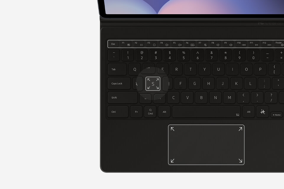 Widok klawiatury z przodu z wyróżnionymi klawiszami funkcyjnymi. Klawisz i gładzik są również wyróżnione, aby podkreślić ich duży rozmiar.