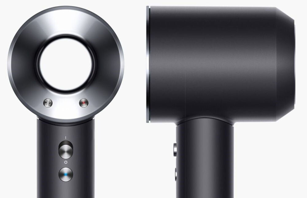 Suszarka do włosów Dyson Supersonic czarno-srebrna – widok z przodu na panel sterowania i z boku