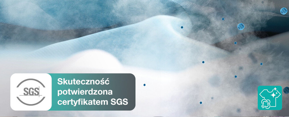 Obraz przedstawia abstrakcyjne tło w odcieniach niebieskiego z białymi i niebieskimi kropkami. Na pierwszym planie znajduje się napis \'Skuteczność potwierdzona certyfikatem SGS\' obok logo SGS.