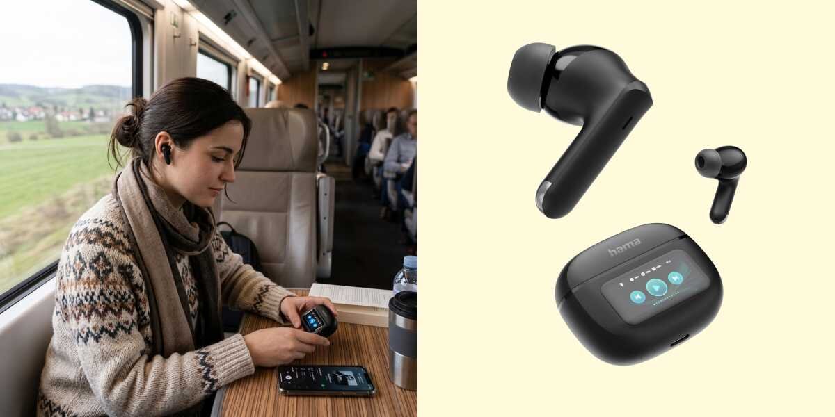 Słuchawki dokanałowe HAMA Spirit Touch ANC Czarny Kobieta w pociągu trzyma etui ładujące słuchawek Hama z wyświetlaczem dotykowym, obok grafika prezentująca czarne słuchawki douszne i etui.