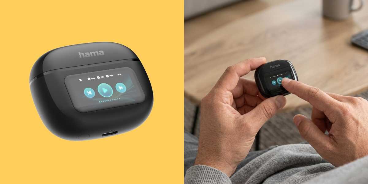 Słuchawki dokanałowe HAMA Spirit Touch ANC Czarny Zbliżenie na czarne etui ładujące Hama z kolorowym ekranem LCD oraz dłoń obsługująca interfejs dotykowy na wyświetlaczu etui.