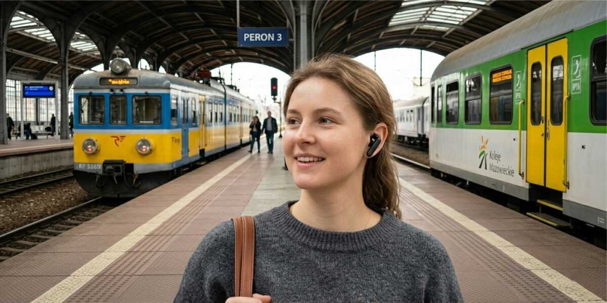 Słuchawki dokanałowe HAMA Spirit Touch ANC Czarny Młoda kobieta ze słuchawką w uchu stoi na peronie 3 na tle żółto-niebieskiego pociągu regionalnego.