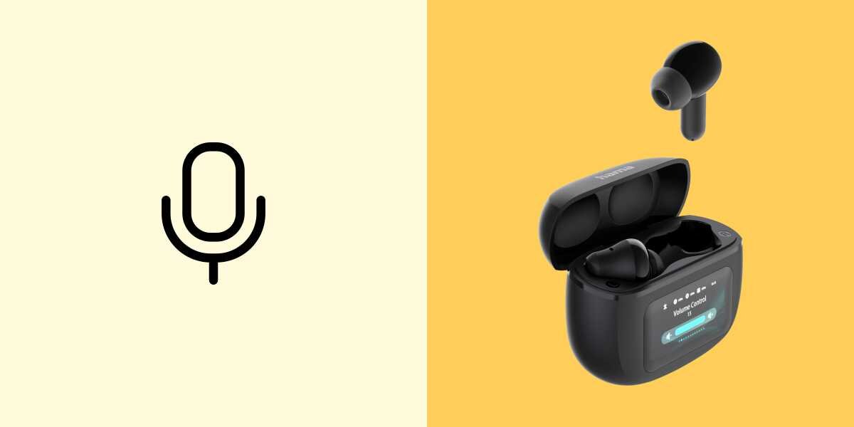 Słuchawki dokanałowe HAMA Spirit Touch ANC Czarny Ikona mikrofonu obok otwartego etui ładującego Hama z jedną słuchawką w środku i widocznym paskiem regulacji głośności na ekranie.