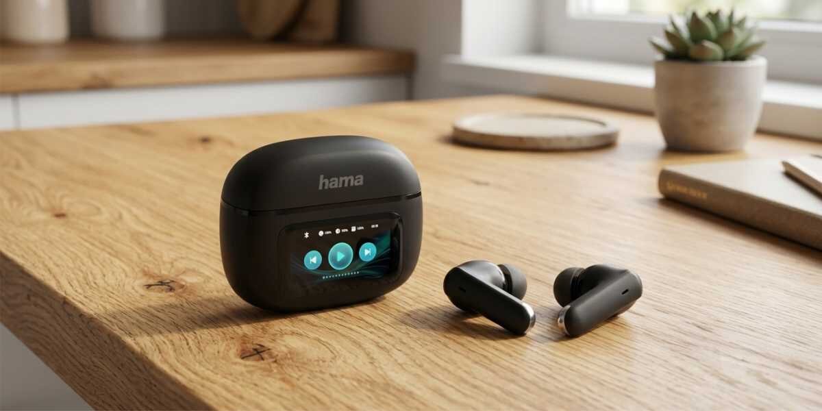 Słuchawki dokanałowe HAMA Spirit Touch ANC Czarny Słuchawki bezprzewodowe Hama i etui z włączonym ekranem dotykowym leżące na drewnianym stole w nowoczesnym wnętrzu.