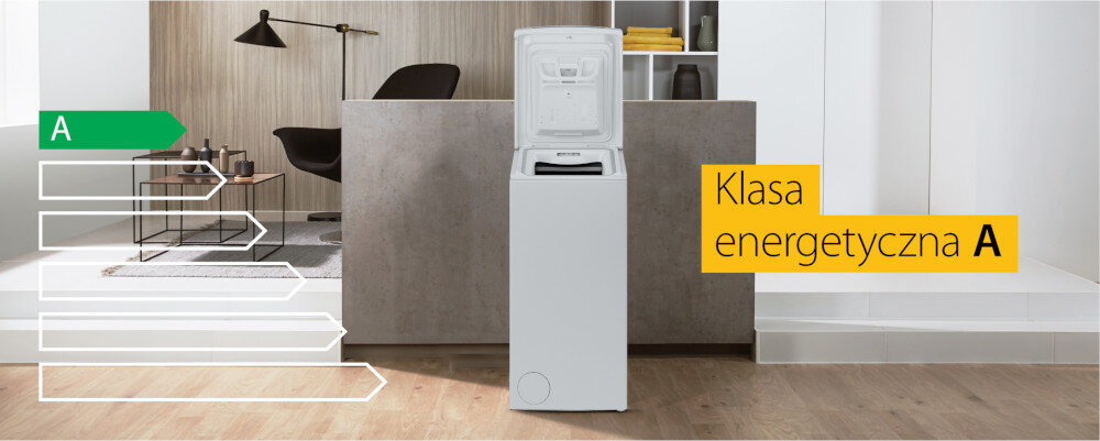 PRALKA WHIRLPOOL TDLR 6261BS wizualizacja salon jasne wnętrze oznaczenie pralka otwarta front klasa energetyczna A niższe rachunki oszczędność dbałość o środowisko