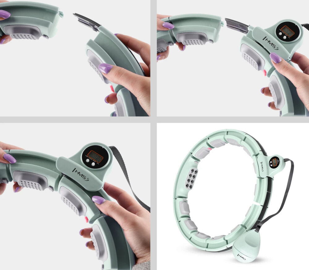 Na obrazie widać zielone hula hop z segmentami, które można łączyć, oraz wyświetlaczem z logo \'HMS\'. Produkt jest trzymany przez osobę z pomalowanymi paznokciami.