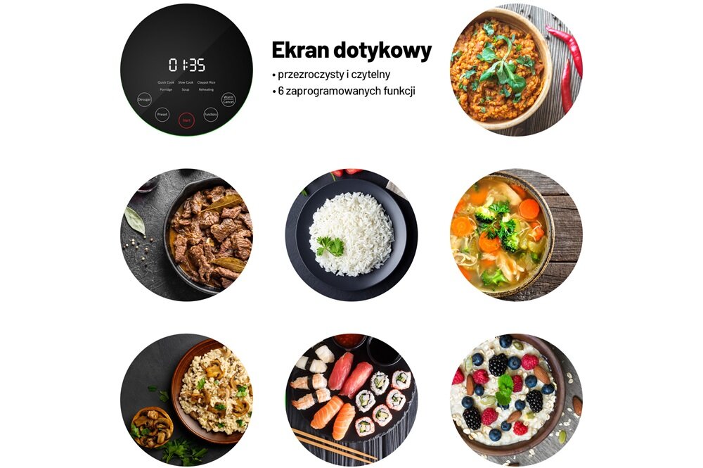 Obraz przedstawia ekran dotykowy z wyświetlaczem pokazującym czas 01:35 oraz sześć okrągłych zdjęć różnych potraw. Obok ekranu znajduje się tekst: \'Ekran dotykowy, przezroczysty i czytelny, 6 zaprogramowanych funkcji\'.