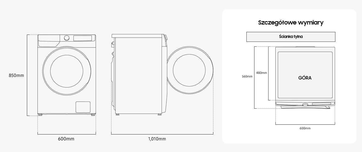 Rysunek techniczny przedstawia wymiary pralki: wysokość 850 mm, szerokość 600 mm, głębokość 1010 mm. Na rysunku widoczny jest również napis \'Szczegółowe wymiary\' oraz \'GÓRA\'.