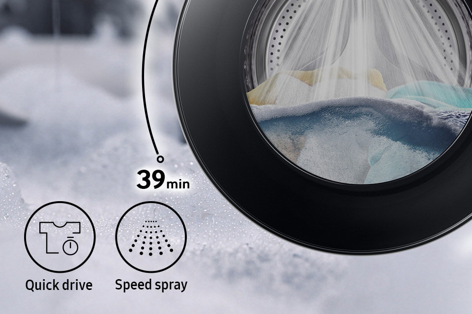 Obraz przedstawia bęben pralki z widocznymi strumieniami wody i praniem wewnątrz. Na obrazie znajdują się ikony z napisami: \'Quick drive\', \'Speed spray\' oraz liczba \'39 min\'.