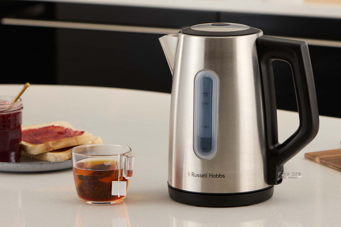 Czajnik RUSSELL HOBBS Heaton 27380-70 Wysoka jakość szczotkowana stal nierdzewna czarne elementy Obrotowa podstawa 360° praktyczny schowek na przewód 