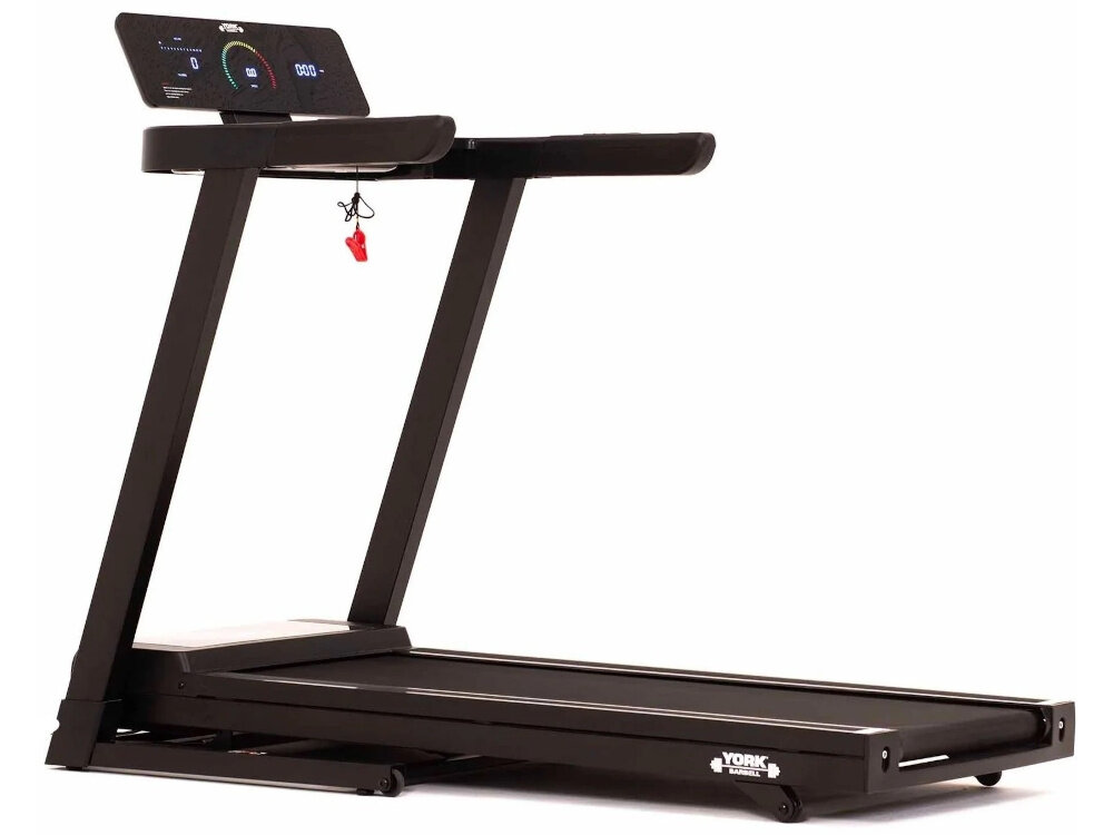 Bieżnia elektryczna YORK FITNESS HT5 1470W 18km-h bieżnia na białym tle widoczna od tyłu pod skosem 36 zróżnicowanych programów treningowych dopasowanie ćwiczeń do indywidualnych celów i poziomu zaawansowania użytkownika bieżnia pozwala trenować efektywnie i bez monotonii