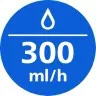 Niebieska ikona z białą kroplą wody nad napisem \'300 ml/h\'.