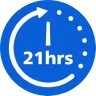 Niebieska ikona z białą strzałką i tekstem \'21hrs\'.