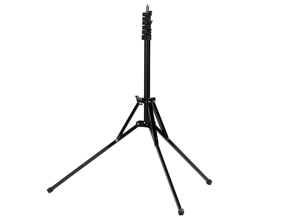 Czarny statyw oświetleniowy z trzema rozkładanymi nogami i regulowaną wysokością. Konstrukcja wykonana z metalu, z widocznymi elementami mocującymi.