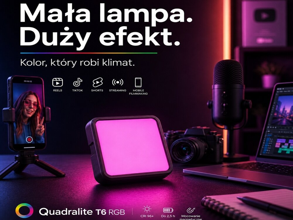Quadralite T6 RGB LED Light kompaktowa lampa LED RGB dla fotografow i filmowcow