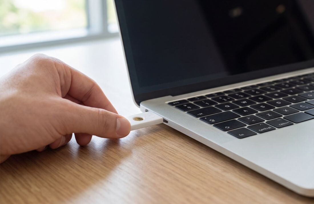 Użytkownik podłącza klucz zabezpieczający HIRSCH Secure USB do laptopa podczas bezpiecznego logowania w pracy biurowej 