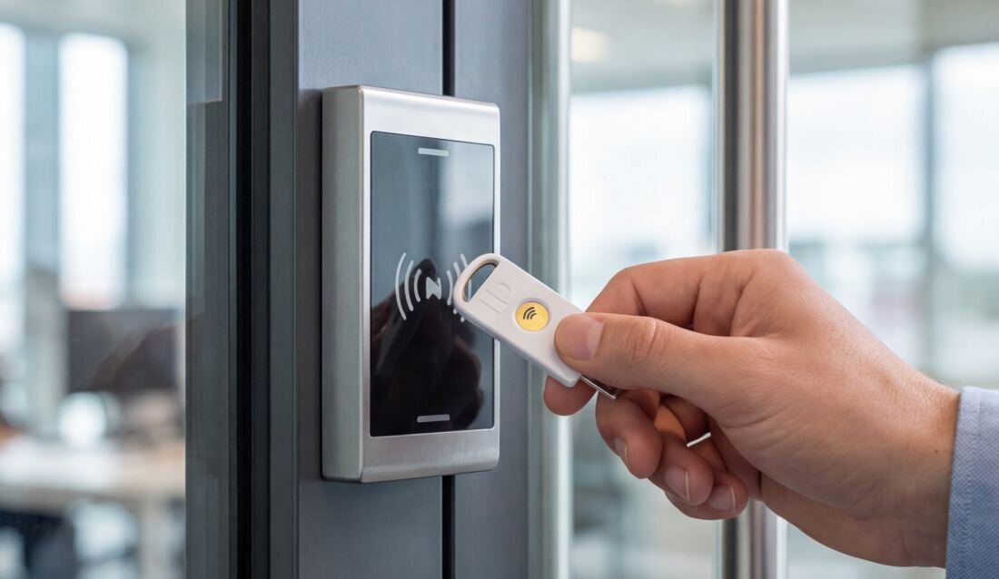 Użytkownik przykłada klucz zabezpieczający HIRSCH Secure z NFC do czytnika kontroli dostępu przy wejściu do biura 