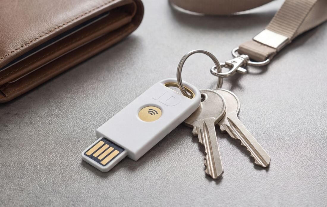 Klucz zabezpieczający HIRSCH Secure z NFC przypięty do pęku kluczy leży obok portfela podczas codziennego użytkowania mobilnego  