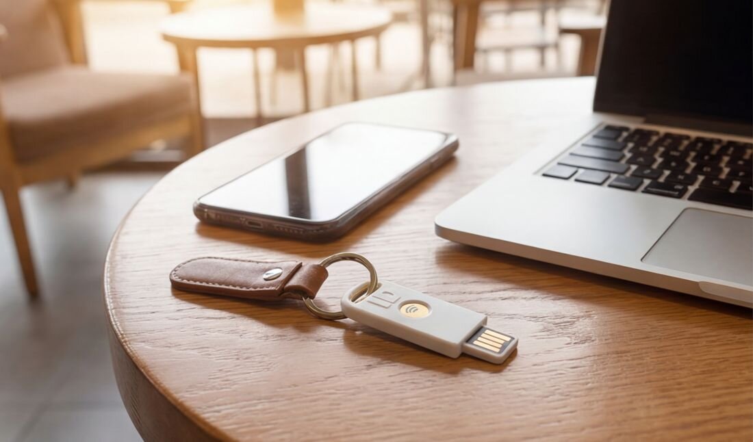 Klucz zabezpieczający HIRSCH Secure leży obok smartfona i laptopa na stoliku podczas mobilnej pracy w kawiarni  
