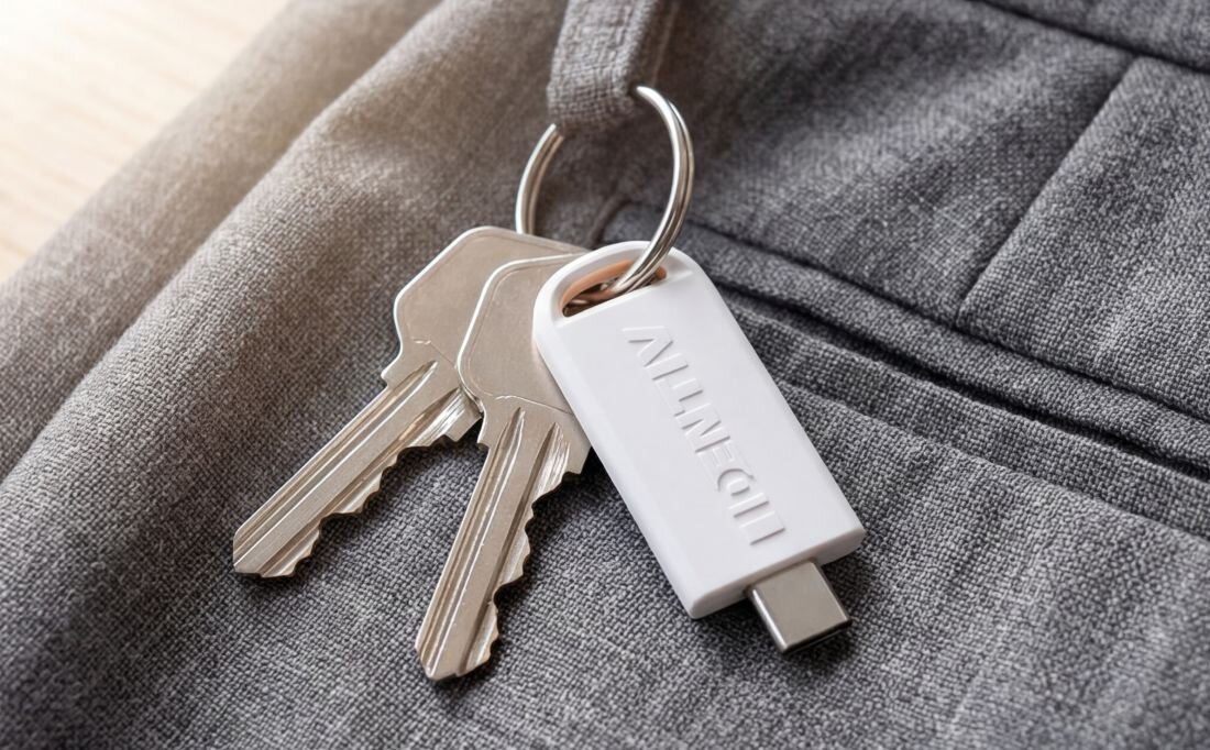 Klucz zabezpieczający HIRSCH Secure z NFC przypięty do pęku kluczy leży obok portfela podczas codziennego użytkowania mobilnego  