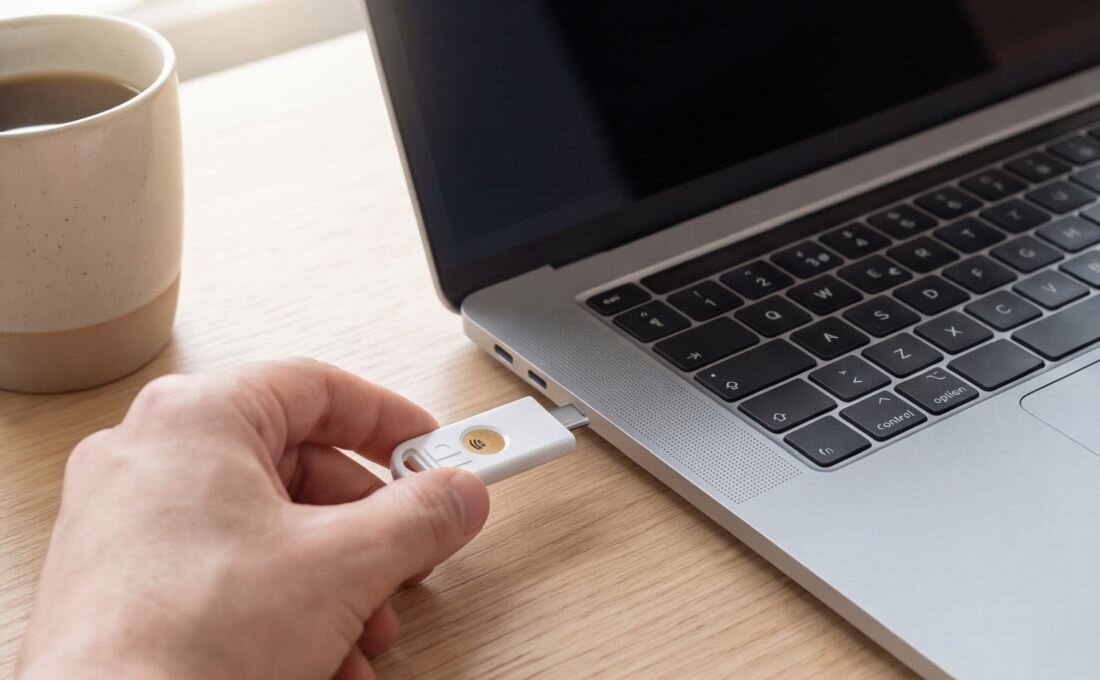 Użytkownik podłącza klucz zabezpieczający HIRSCH Secure USB do laptopa podczas bezpiecznego logowania w pracy biurowej 