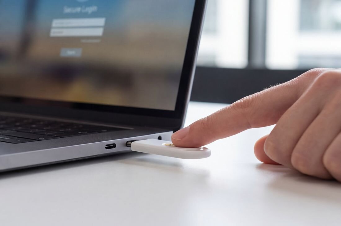 Klucz zabezpieczający HIRSCH Secure leży obok smartfona i laptopa na stoliku podczas mobilnej pracy w kawiarni  