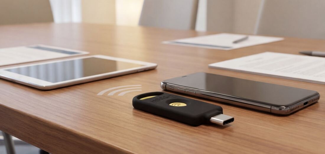 Klucz zabezpieczający HIRSCH Secure z USB-C leży obok smartfona, umożliwiając bezprzewodowe uwierzytelnianie NFC w pracy mobilnej 