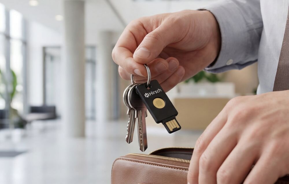 Klucz zabezpieczający HIRSCH Secure przypięty do pęku kluczy prezentuje kompaktową konstrukcję do mobilnego uwierzytelniania 