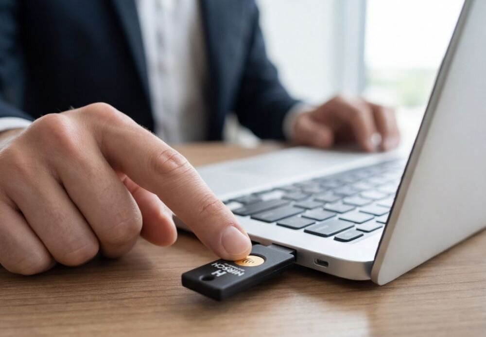 Klucz zabezpieczający HIRSCH-SECURE z obsługą passkeys chroni logowanie do kont na laptopie podczas pracy biurowej 