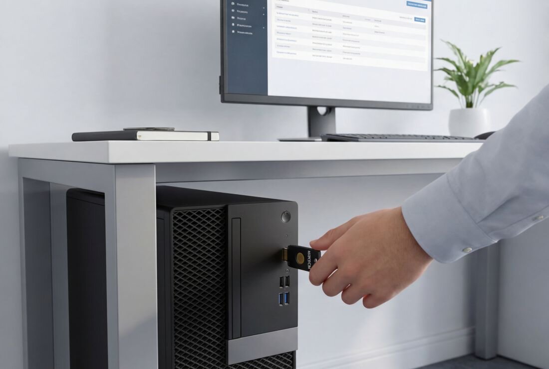 Klucz zabezpieczający HIRSCH-SECURE umożliwia bezpieczne logowanie na smartfonie i laptopie przez USB podczas uwierzytelniania wieloskładnikowego 