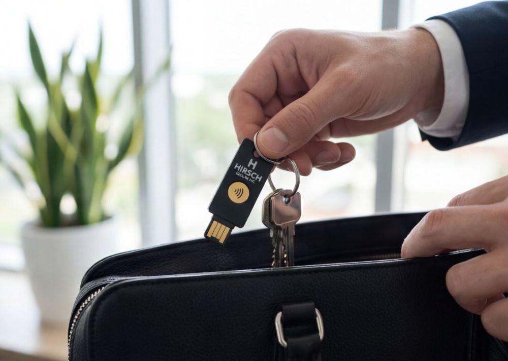 Klucz zabezpieczający HIRSCH-SECURE podłączony do smartfona przez USB-C umożliwia bezpieczne logowanie mobilne i uwierzytelnianie kont 