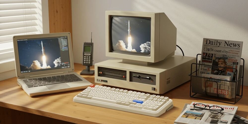Na biurku znajduje się stary komputer z monitorem, na którym wyświetlany jest start rakiety. Obok komputera leży klawiatura w stylu retro oraz laptop z tym samym obrazem na ekranie.
