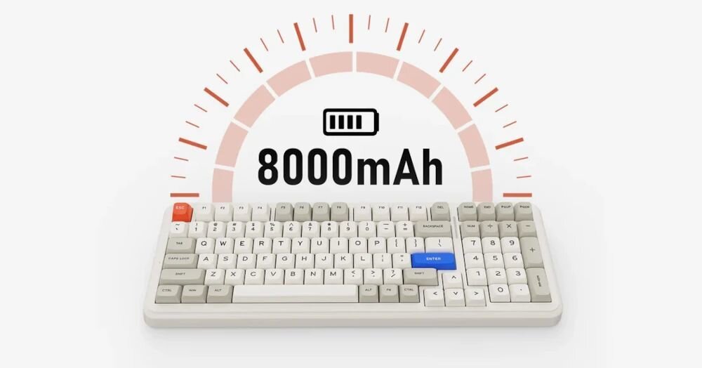 Na obrazie widoczna jest klawiatura z białymi i szarymi klawiszami oraz jednym czerwonym i jednym niebieskim klawiszem. Nad klawiaturą znajduje się symbol baterii i napis \'8000mAh\'.