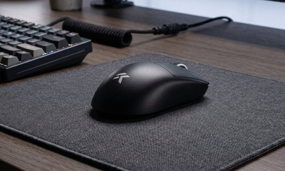 Mysz MCHOSE A7 V2 Ultra kabel USB-A / USB-C długości 180 cm komfortowe zarządzanie przewodem - mysz na podkładce znajdującej się na biurku