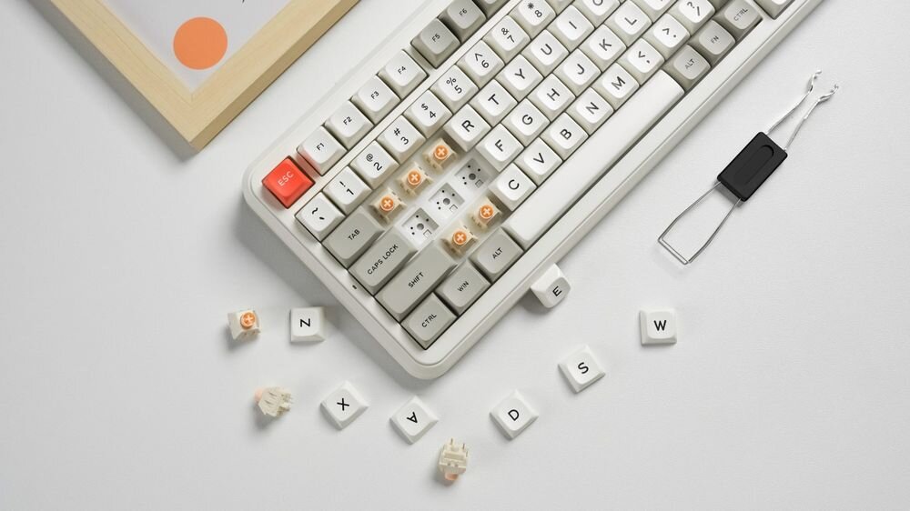 Na obrazie znajduje się biała klawiatura z retro designem, z kilkoma klawiszami wyjętymi i leżącymi obok. Obok klawiatury znajduje się narzędzie do wyjmowania klawiszy.