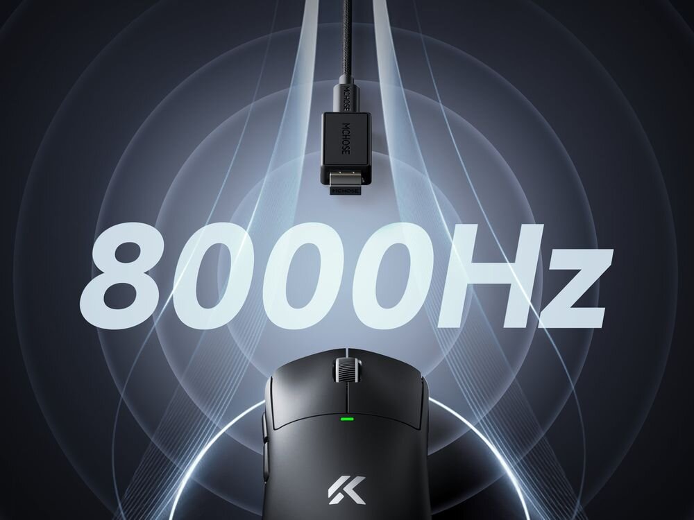 Mysz MCHOSE A5 V3 Ultra MCHOSE A5 V3 Ultra bezprzewodowa mysz gamingowa zaawansowane rozwiązania ergonomiczną konstrukcją - mysz na ciemnym tle, na środku napis 8000 Hz