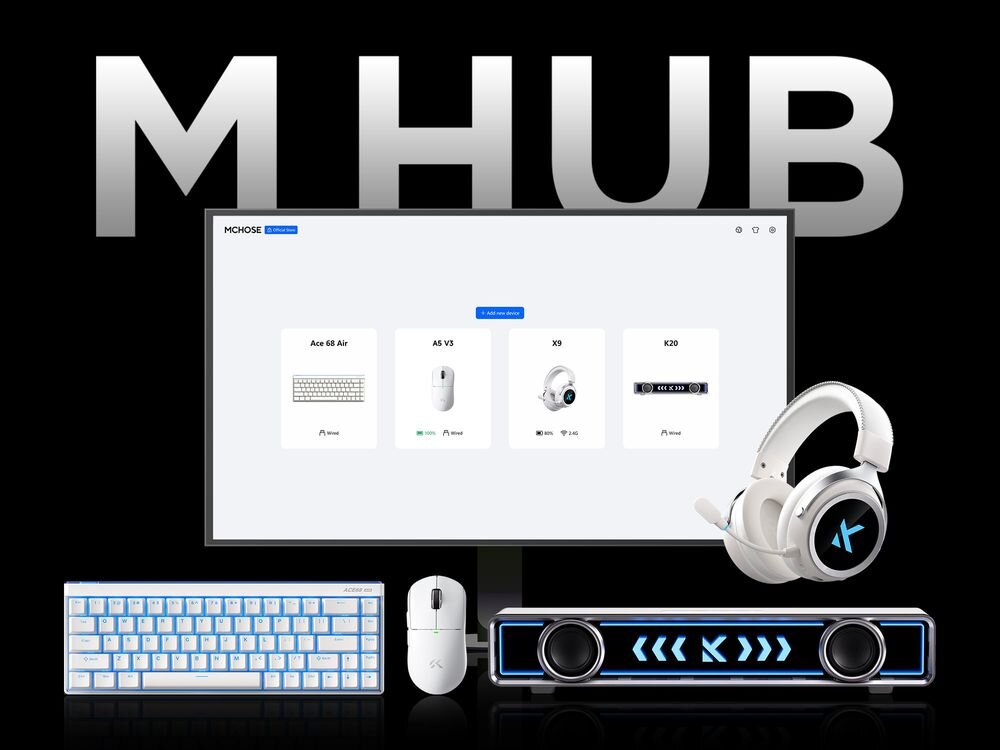 Mysz MCHOSE A5 V3 Ultra oprogramowaniem M HUB wersji przeglądarkowej oraz aplikacyjnej zmianę poziomów DPI, przypisywanie makr oraz konfigurację funkcji poszczególnych przycisków interfejs - zrzut ekranu z oprogramowania M HUB