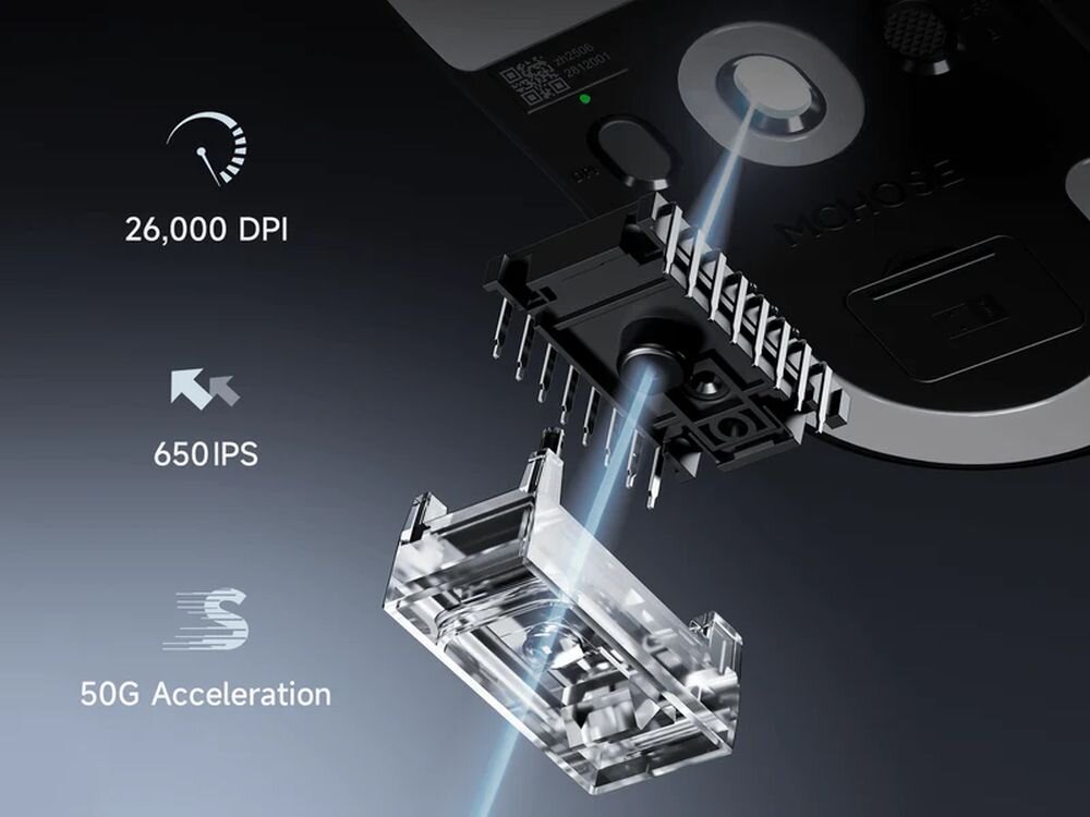 Mysz MCHOSE A5 V3 Ultra Częstotliwość raportowania do 8000 Hz Sensor optyczny PAW 3395 26 000 DPI (Dots Per Inch) - sensor optyczny rozłożony na części