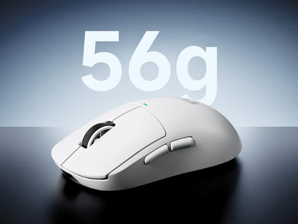 Mysz MCHOSE A5 V3 Ultra Waga około 56 g wymiary 121,6 × 61,5 × 37,7 mm precyzja i szybka reakcja swobodę ruchów i kontrolę - mysz pod skosem, w tle napis 56 g