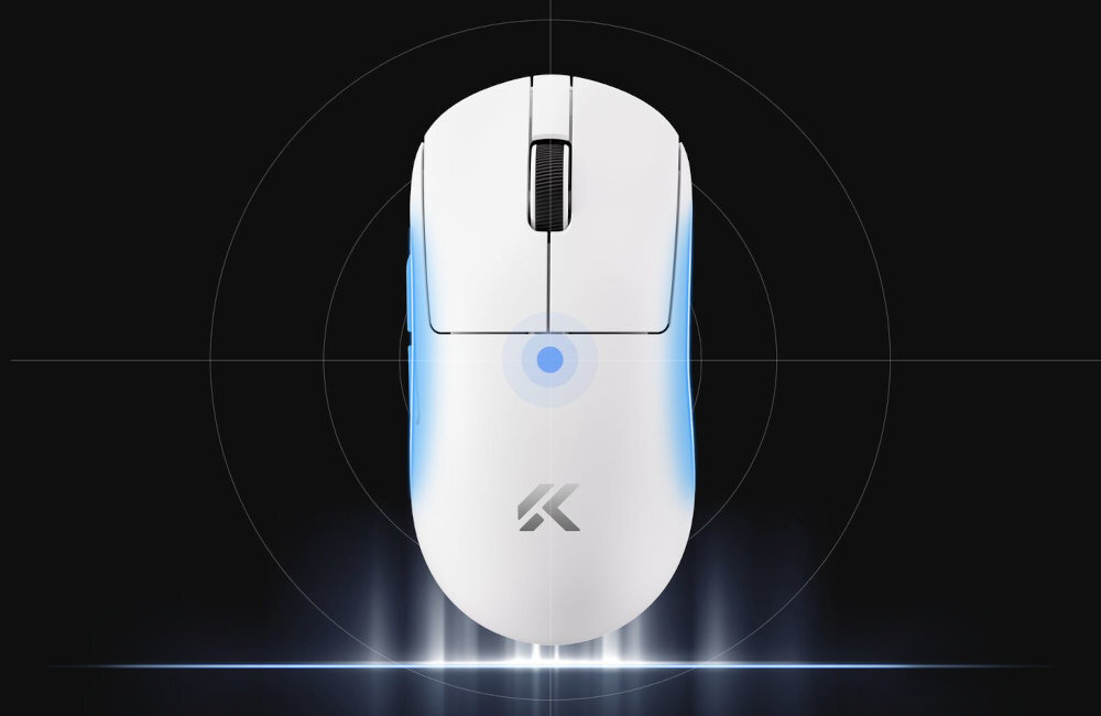 MCHOSE A7 V2 Ultra masa 59 g Zoptymalizowany balans Profilowany kształt naturalne ułożenie dłoni powierzchnia z powłoką Super Glide Coating - myszka z widoku od góry z planszą balansu