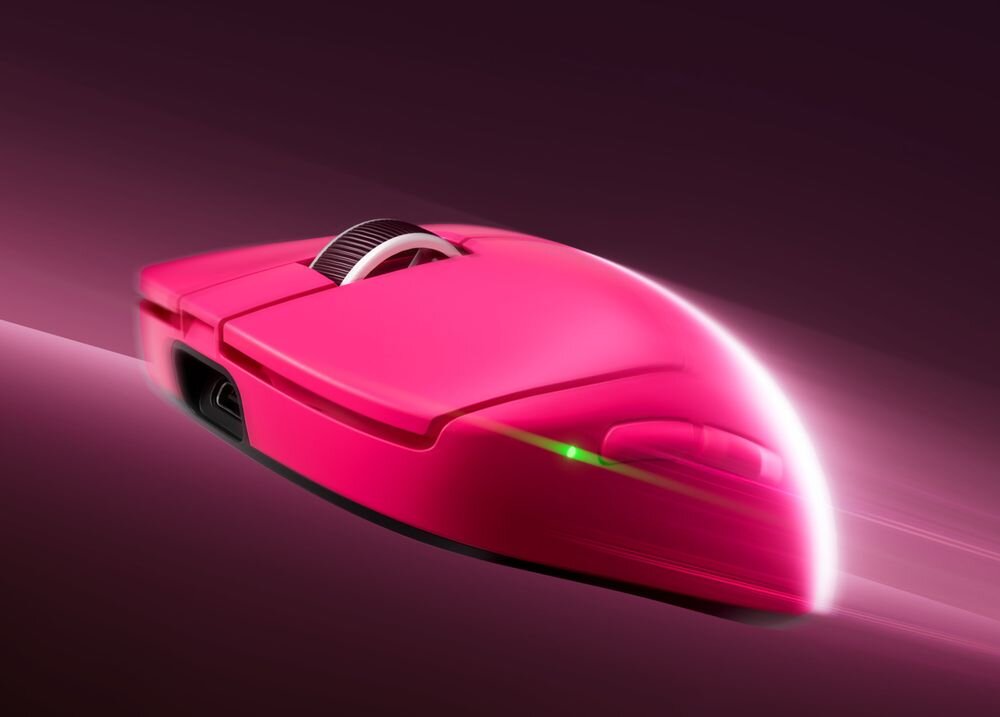 Mysz MCHOSE A7 V2 Ultra akumulator o pojemności 500 mAh bez potrzeby częstego ładowania Energooszczędna konstrukcja wydajna łączność bezprzewodowa - różowa mysz w dynamicznej scenerii