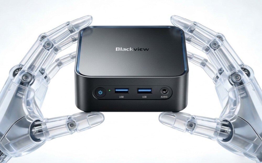 Komputer BLACKVIEW MP50 Dwie przezroczyste, robotyczne dłonie trzymają niewielki komputer stacjonarny typu mini PC z widocznym panelem przednim