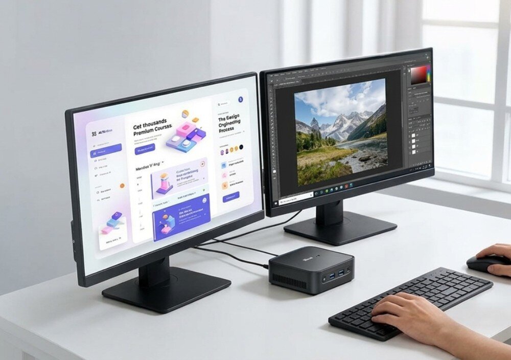 Komputer BLACKVIEW MP50 Stanowisko pracy z dwoma monitorami połączonymi z mini PC, przy którym osoba pracuje z użyciem klawiatury i myszy